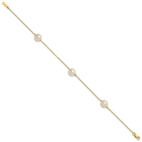 14k 7-8mm White Near-Round Freshwater Cultured Pearl 3-Station 7.25 inch Bracelet