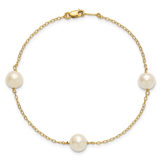 14k 7-8mm White Near-Round Freshwater Cultured Pearl 3-Station 7.25 inch Bracelet