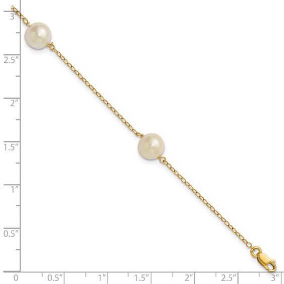 14k 7-8mm White Near-Round Freshwater Cultured Pearl 3-Station 7.25 inch Bracelet