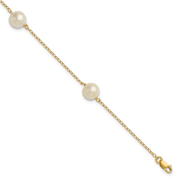 14k 7-8mm White Near-Round Freshwater Cultured Pearl 3-Station 7.25 inch Bracelet