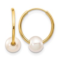 14K Yellow Gold 5-6mm White Semi-round Freshwater Cultured Pearl Endless Hoop Earrings view 1