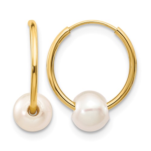 14K Yellow Gold 5-6mm White Semi-round Freshwater Cultured Pearl Endless Hoop Earrings