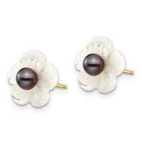 14K Yellow Gold 3-4mm Black Round Freshwater Cultured Pearl and 10 Mm White Mother of Pearl Flower Post Earrings view 2