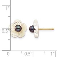 14K Yellow Gold 3-4mm Black Round Freshwater Cultured Pearl and 10 Mm White Mother of Pearl Flower Post Earrings view 4