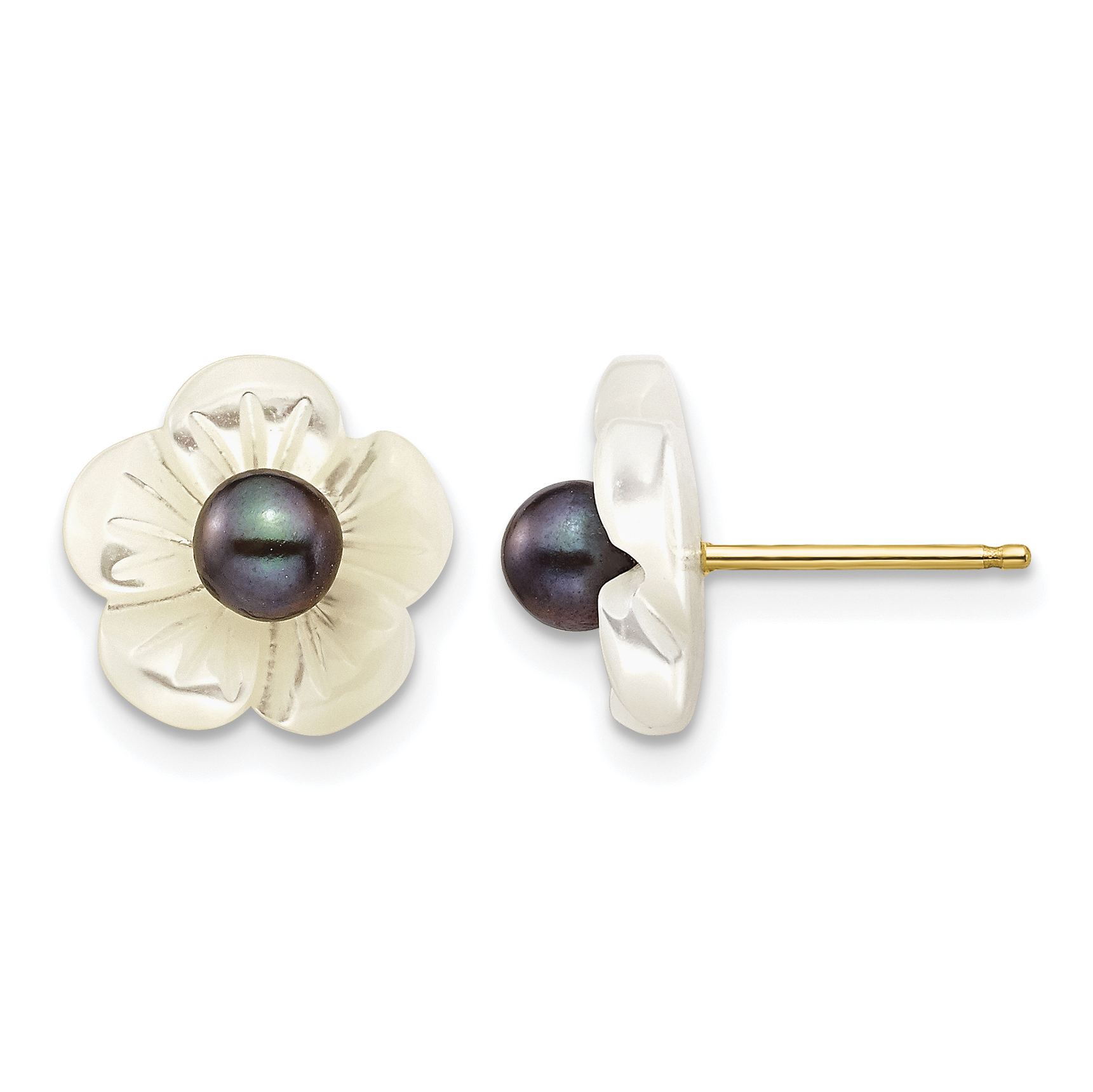 14k 3-4mm Black Round Freshwater Cultured Pearl and 10 mm White Mother of Pearl Flower Post Earrings (XF592EB)