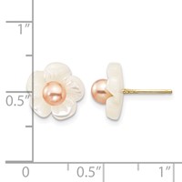 14K Yellow Gold 3-4mm Pink Round Freshwater Cultured Pearl and 10mm White Mother of Pearl Flower Post Earrings view 4