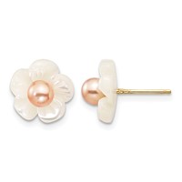 14K Yellow Gold 3-4mm Pink Round Freshwater Cultured Pearl and 10mm White Mother of Pearl Flower Post Earrings view 1