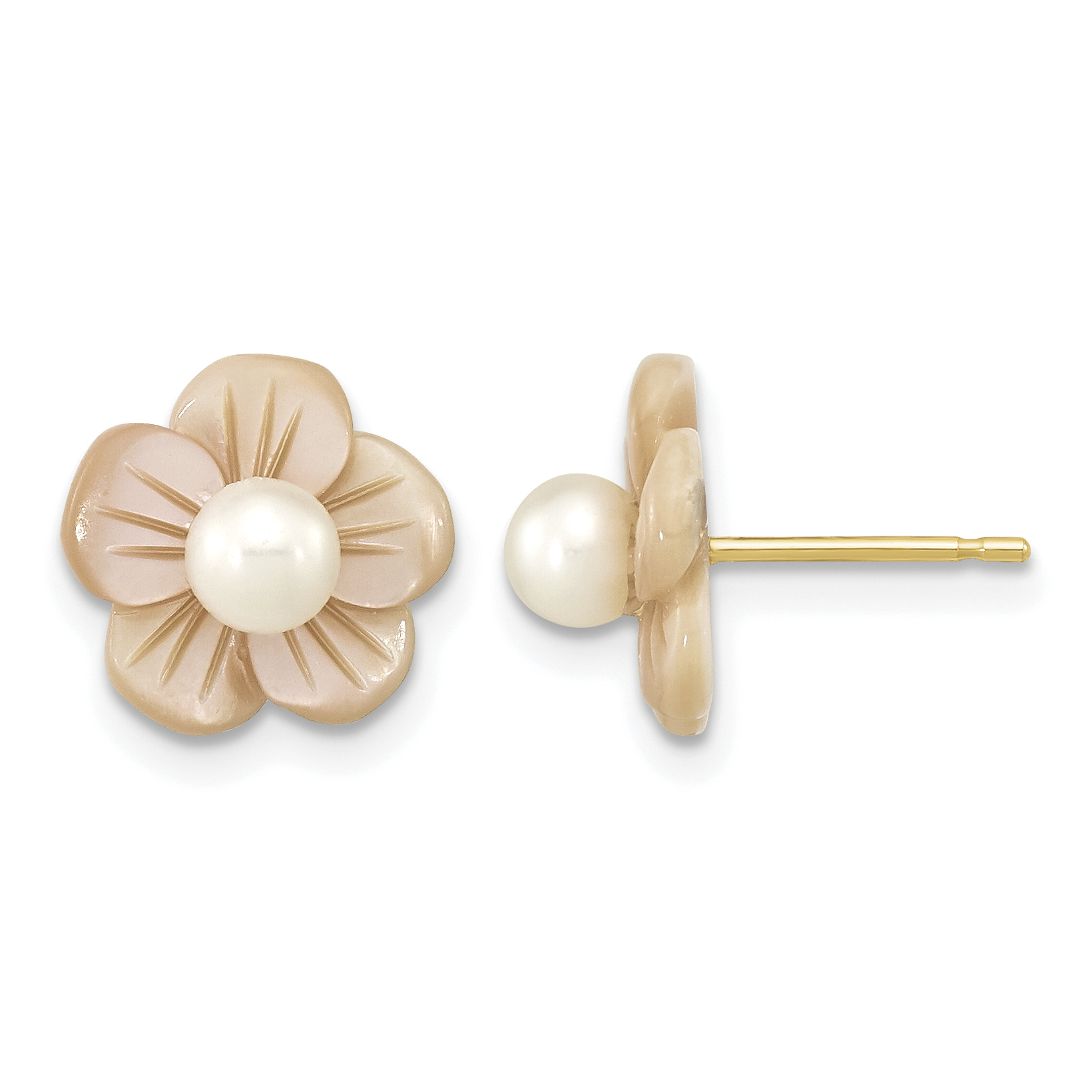 14k 3-4mm White Round Freshwater Cultured Pearl and Pink Mother of Pearl Flower Post Earrings (XF592EPWY)