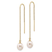 14K 7-8mm White Rice Freshwater Cultured Pearl Dangle Threader Earrings view 2