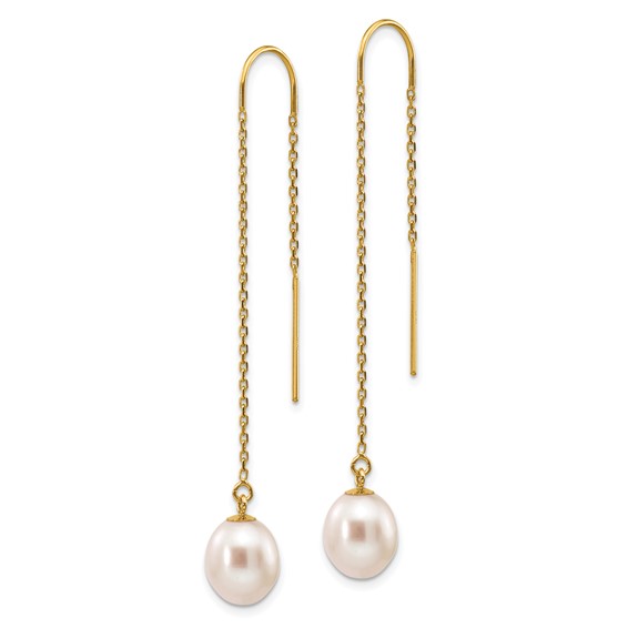 14k 7-8mm White Rice Freshwater Cultured Pearl Dangle Threader Earrings