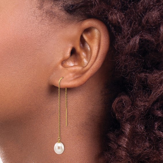 14k 7-8mm White Rice Freshwater Cultured Pearl Dangle Threader Earrings