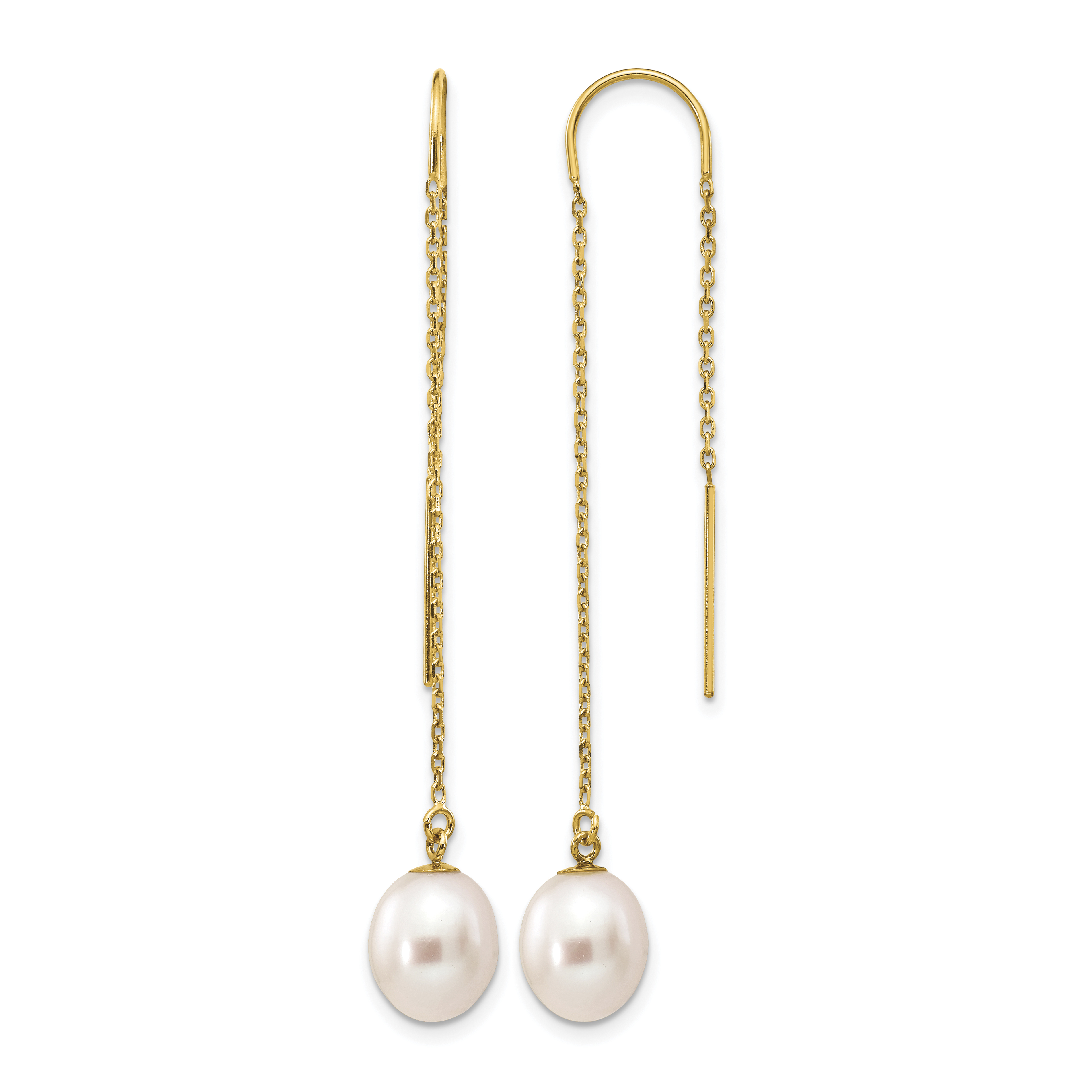 14k 7-8mm White Rice Freshwater Cultured Pearl Dangle Threader Earrings (XF593EW)