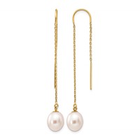 14K 7-8mm White Rice Freshwater Cultured Pearl Dangle Threader Earrings view 1