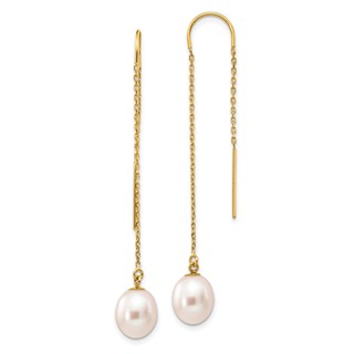14k 7-8mm White Rice Freshwater Cultured Pearl Dangle Threader Earrings