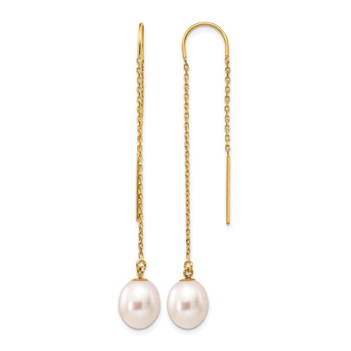 14K Yellow Gold 7-8mm White Rice Freshwater Cultured Pearl Dangle Threader Earrings
