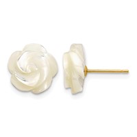 14K 10mm Yellow Gold White Mother of Pearl Flower Design Post Stud Earrings view 1