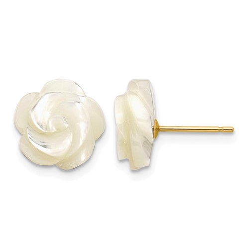 14K 10mm Yellow Gold White Mother of Pearl Flower Design Post Stud Earrings