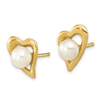 14K Yellow Gold 3-4mm White Button Freshwater Cultured Pearl Heart Post Earrings view 2