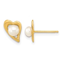 14K Yellow Gold 3-4mm White Button Freshwater Cultured Pearl Heart Post Earrings view 1