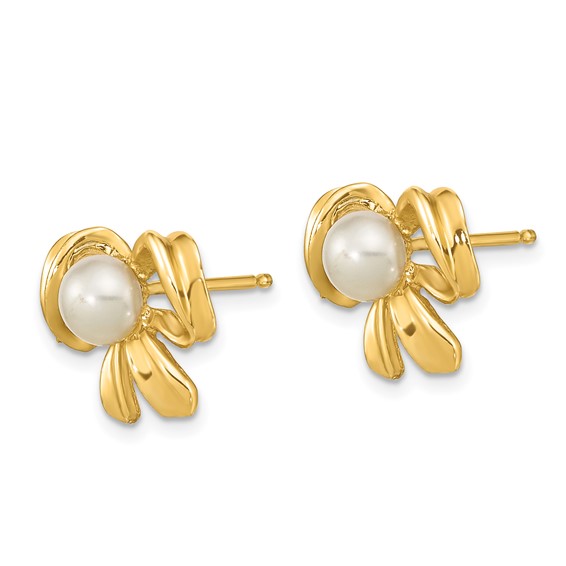 14k 3-4mm White Button Freshwater Cultured Pearl Bow Post Earrings