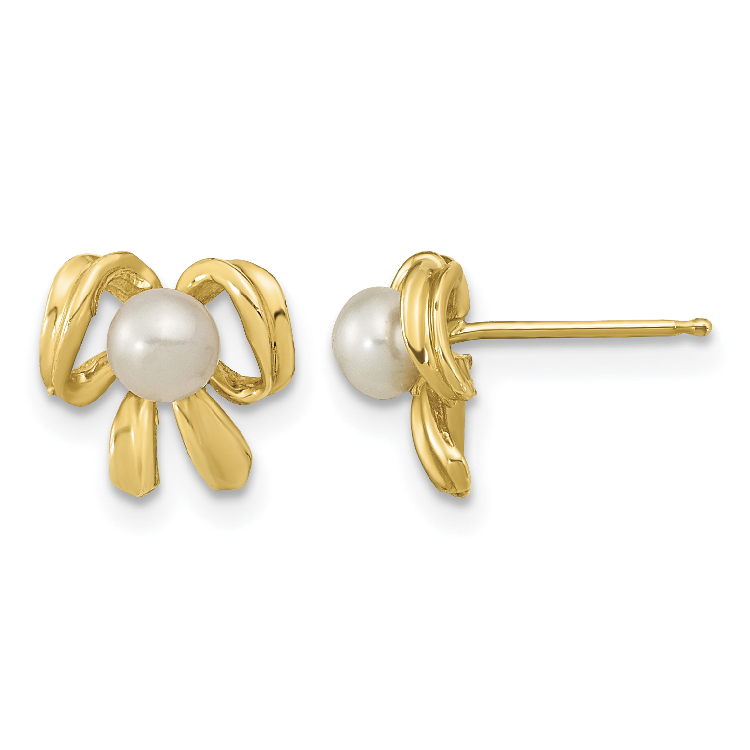 14k 3-4mm White Button Freshwater Cultured Pearl Bow Post Earrings (XF604E)