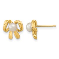 14K Yellow Gold 3-4mm White Button Freshwater Cultured Pearl Bow Post Earrings view 1