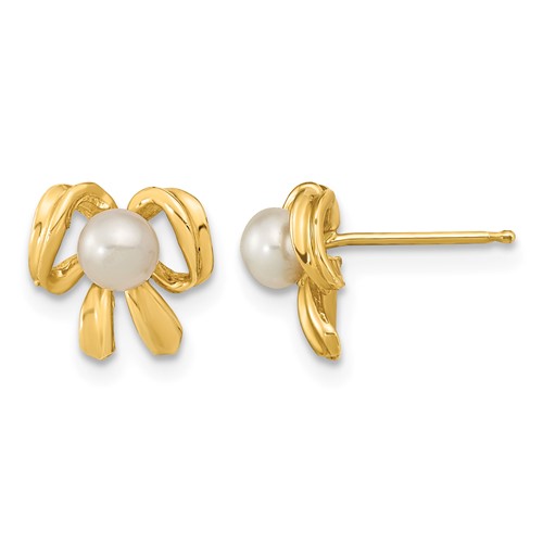 14K Yellow Gold 3-4mm White Button Freshwater Cultured Pearl Bow Post Earrings