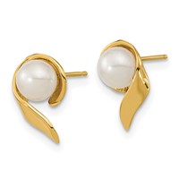 14K Yellow Gold 5-6mm White Button Freshwater Cultured Pearl Post Earrings view 2