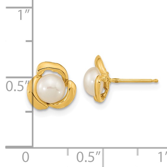 14k 5-6mm White Button Freshwater Cultured Pearl Flower Post Earrings