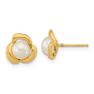 14k 5-6mm White Button Freshwater Cultured Pearl Flower Post Earrings