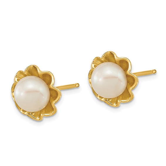 14k 5-6mm White Button Freshwater Cultured Pearl Flower Post Earrings