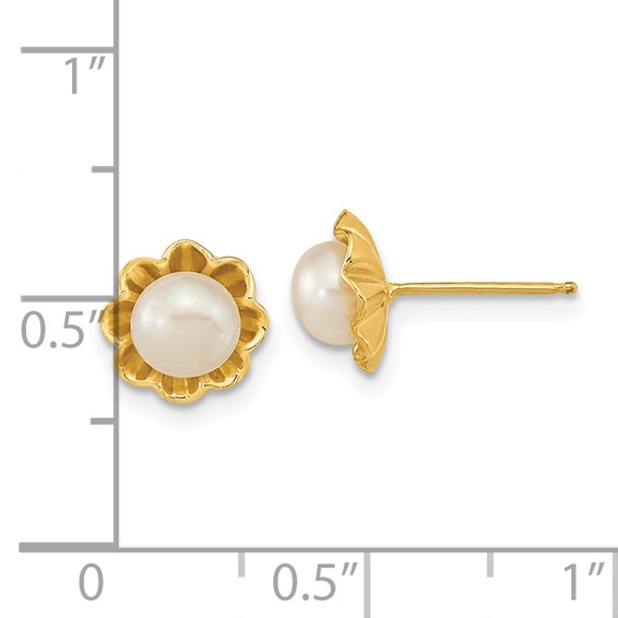14k 5-6mm White Button Freshwater Cultured Pearl Flower Post Earrings