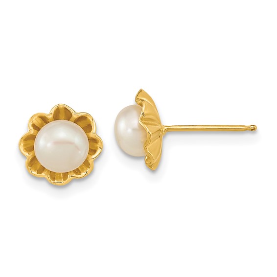14k 5-6mm White Button Freshwater Cultured Pearl Flower Post Earrings