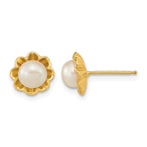 14K Yellow Gold 5-6mm White Button Freshwater Cultured Pearl Flower Post Earrings