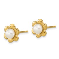 14K Yellow Gold 3-4mm White Button Freshwater Cultured Pearl Flower Post Earrings view 2
