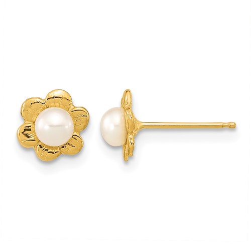 14K Yellow Gold 3-4mm White Button Freshwater Cultured Pearl Flower Post Earrings