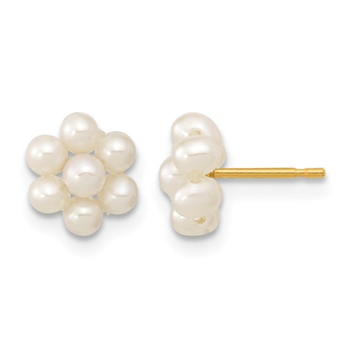 14K Yellow Gold 2-3mm White Button Freshwater Cultured Pearl Flower Post Earrings