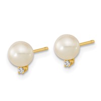14K Yellow Gold 5-5.5mm White Round Freshwater Cultured Pearl and CZ Post Earrings view 2
