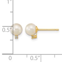 14K Yellow Gold 5-5.5mm White Round Freshwater Cultured Pearl and CZ Post Earrings view 4