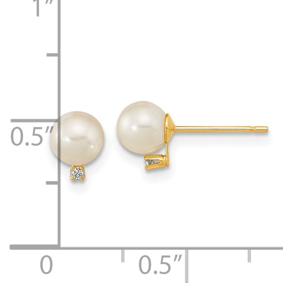 14k 5-5.5mm White Round Freshwater Cultured Pearl and CZ Post Earrings
