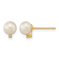 14K Yellow Gold 5-5.5mm White Round Freshwater Cultured Pearl and CZ Post Earrings view 1