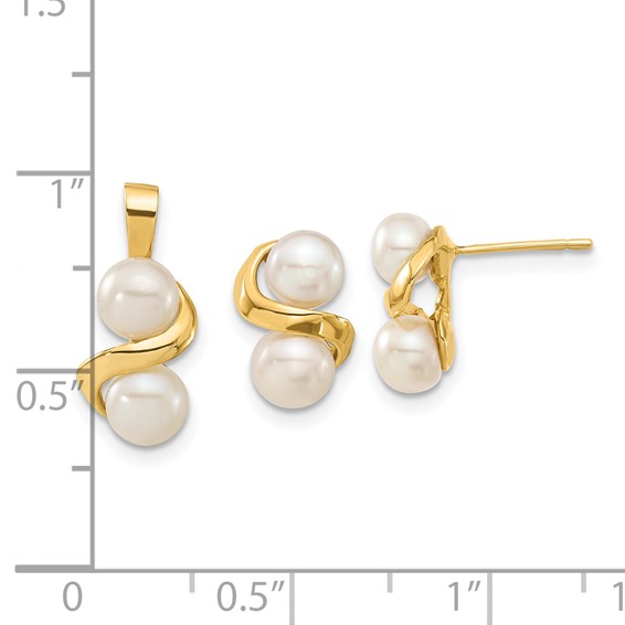 14k 5-6mm White Button Freshwater Cultured Pearl Post Earrings and Pendant Set