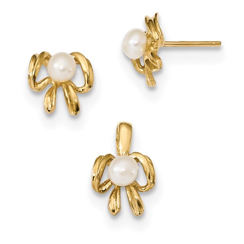 14K Yellow Gold Children's 4-5mm White Fwc Pearl Pendant and Earring Set
