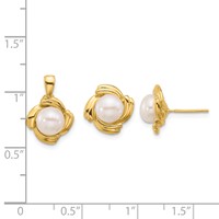14K Yellow Gold 6-7mm White Button Freshwater Cultured Pearl Post Earrings and Pendant Set view 2