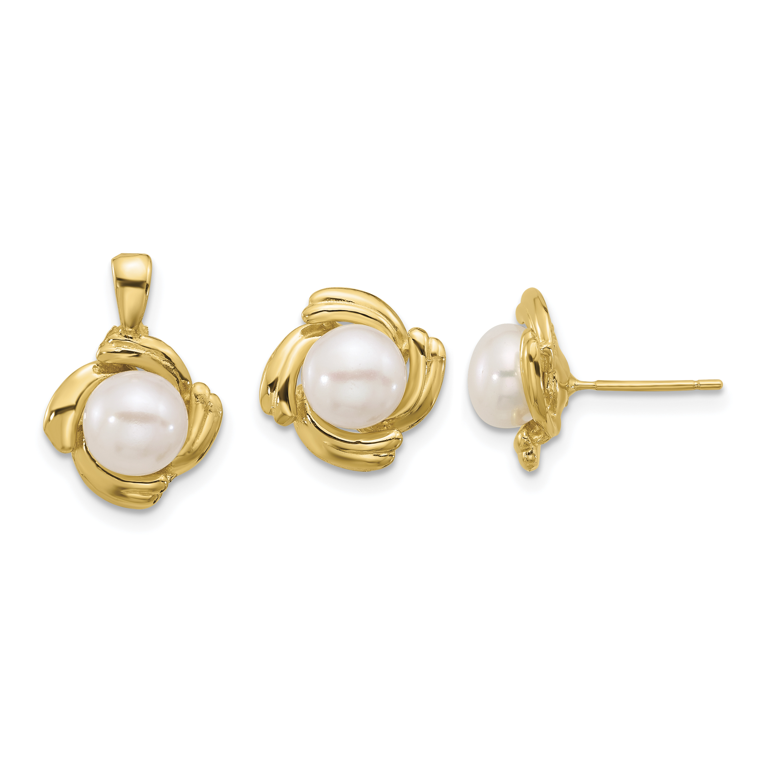 14k 6-7mm White Button Freshwater Cultured Pearl Post Earrings and Pendant Set (XF626SET)