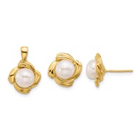 14K Yellow Gold 6-7mm White Button Freshwater Cultured Pearl Post Earrings and Pendant Set view 1