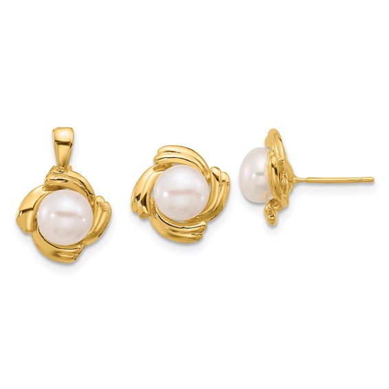14k 6-7mm White Button Freshwater Cultured Pearl Post Earrings and Pendant Set