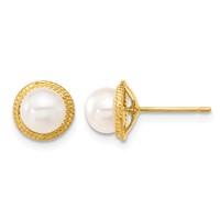 14K Yellow Gold 5-6mm White Button Freshwater Cultured Pearl Post Earrings and Pendant Set view 2