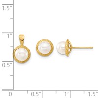 14K Yellow Gold 5-6mm White Button Freshwater Cultured Pearl Post Earrings and Pendant Set view 3