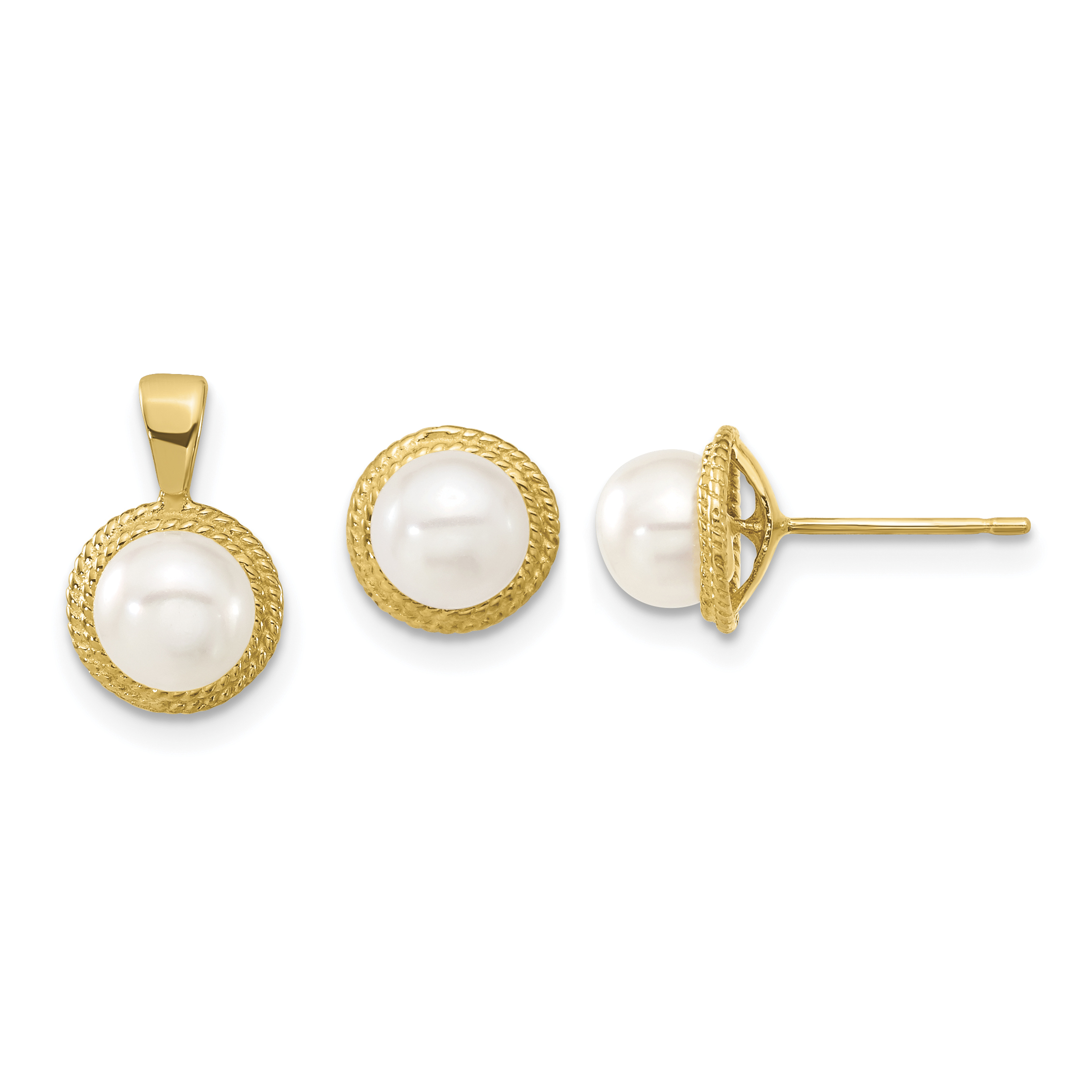 14k 5-6mm White Button Freshwater Cultured Pearl Post Earrings and Pendant Set (XF629SET)